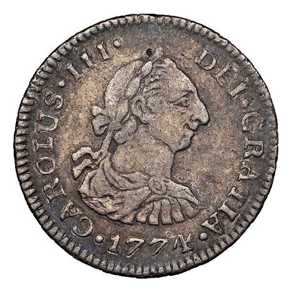 Popayan, Colombia, bust 1/2 real, Charles III, 1774 J.S, NGC XF details / obv damage.