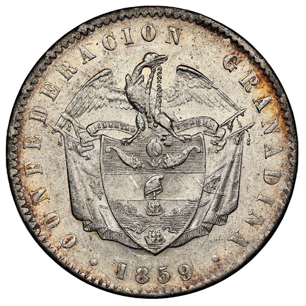 Bogota, Colombia, 1 peso, 1859, NGC MS 61.