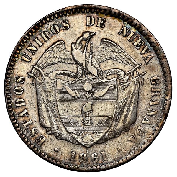 Bogota, Colombia, 1 peso, 1861, ESTADOS UNIDOS, NGC AU details / cleaned.