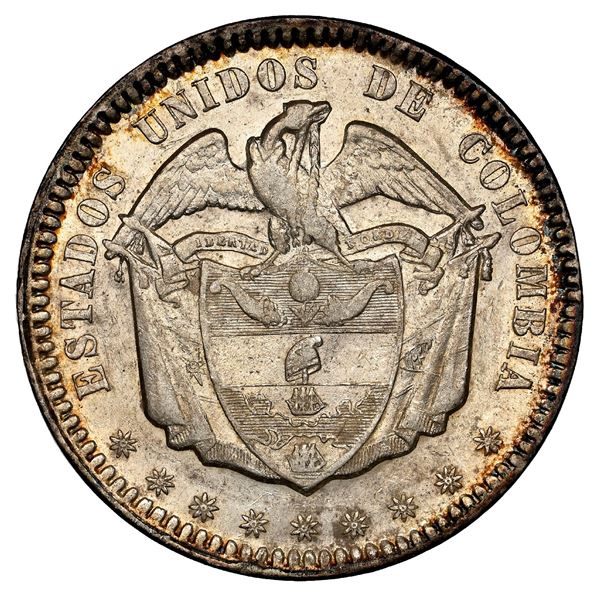 Bogota, Colombia, 1 peso, 1865, NGC MS 61, finest known in NGC census.