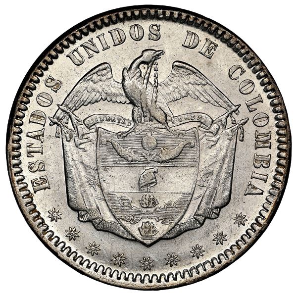 Bogota, Colombia, 1 peso, 1867, NGC MS 61, finest known in NGC census.