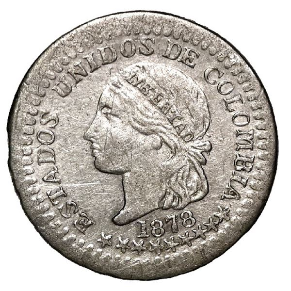 Bogota, Colombia, 5 centavos, 1878, different effigy, very rare.