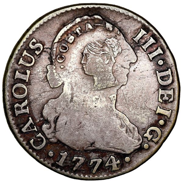 Costa Rica, 2 reales, female head / ceiba tree counterstamp (Type III, 1845) on a Seville, Spain, bu