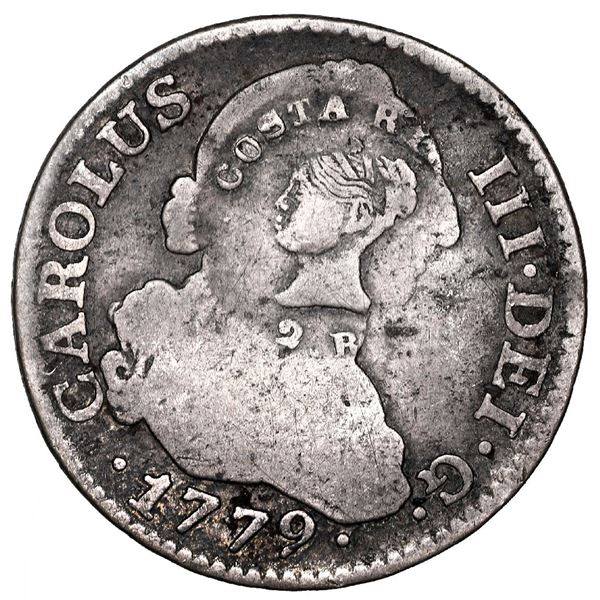 Costa Rica, 2 reales, female head / ceiba tree counterstamp (Type III, 1845) on a Madrid, Spain, bus