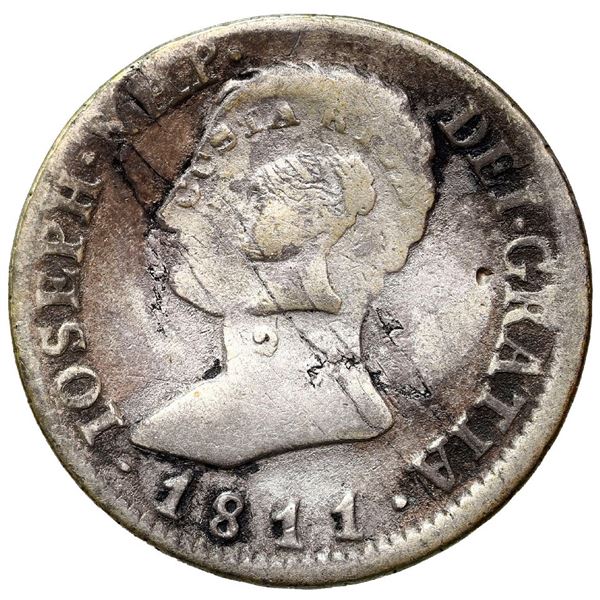 Costa Rica, 2 reales, female head / ceiba tree counterstamp (Type III, 1845) on a Madrid, Spain, bus