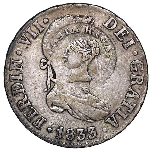 Costa Rica, 2 reales, female head / ceiba tree counterstamp (Type III, 1845) on a Seville, Spain, bu