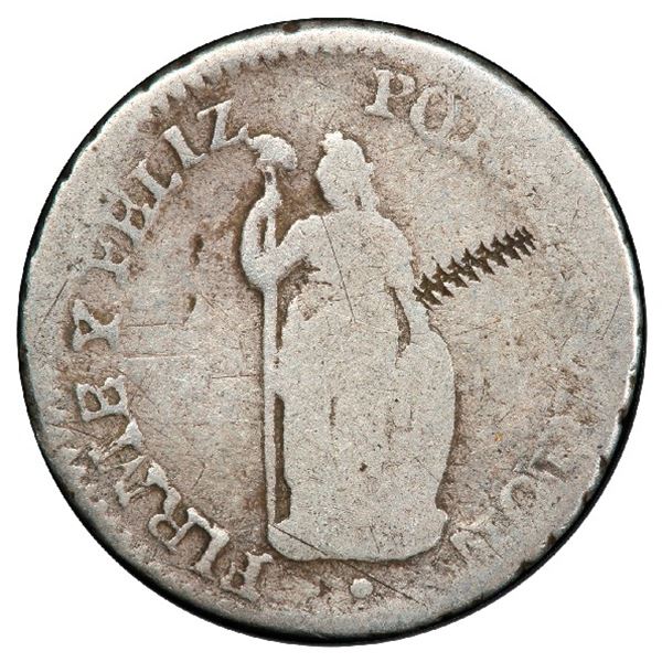 El Salvador, 1/2 real, zigzag test mark (Type II, 1834-35) on obverse of Lima, Peru, 1/2 real, 1832 