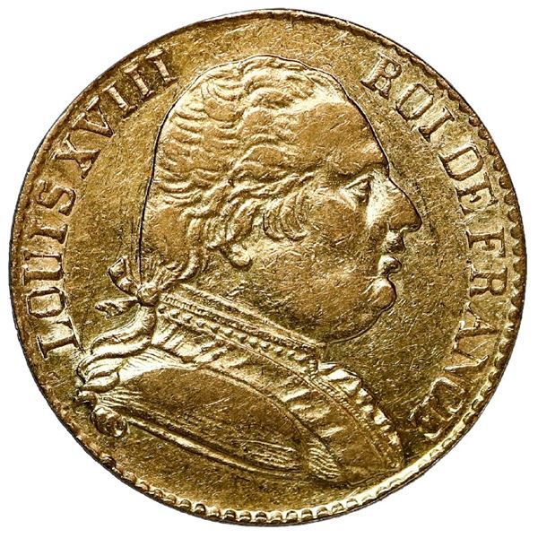 France (struck in London, England), gold 20 francs, Louis XVIII, 1815-R.
