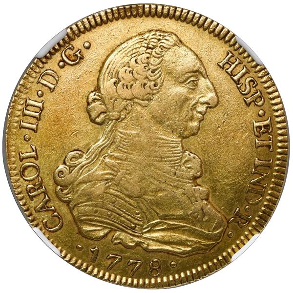 Guatemala, gold bust 8 escudos, Charles III, 1778 P, small date, rare, NGC AU 53.