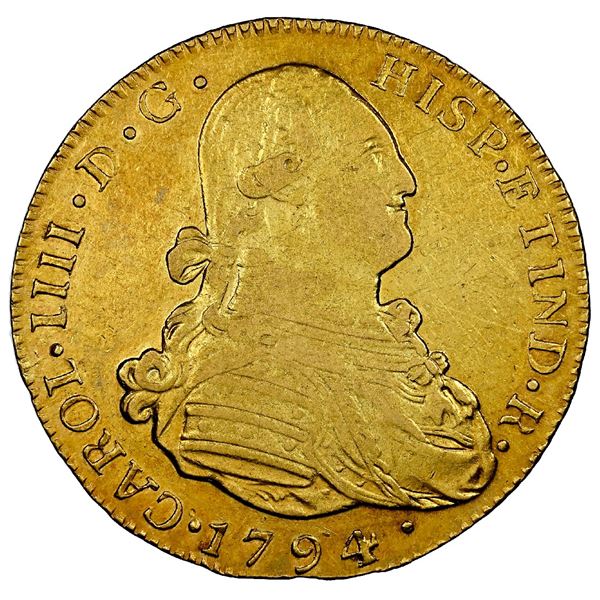 Guatemala, gold bust 4 escudos, Charles IV, 1794 M, very rare, NGC XF 45 ('top pop"), ex-Rudman.