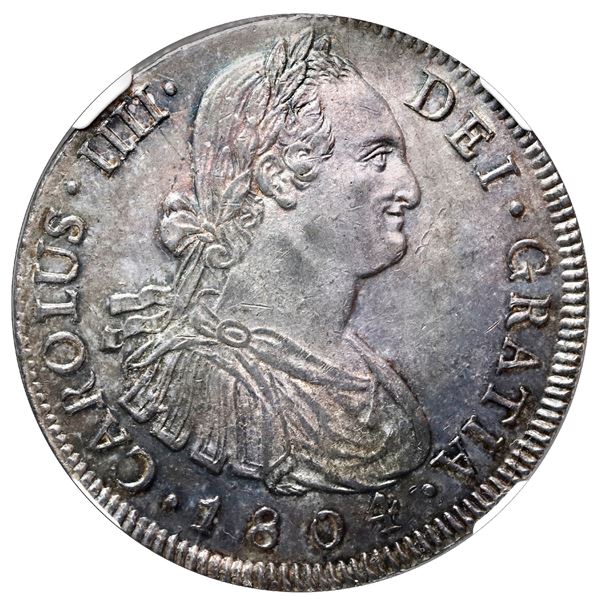 Guatemala, bust 8 reales, Charles IV, 1804 M, NGC MS 61.