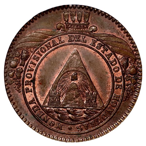 Tegucigalpa, Honduras, copper provisional 2 pesos, 1862 A, NGC MS 62 Brown.