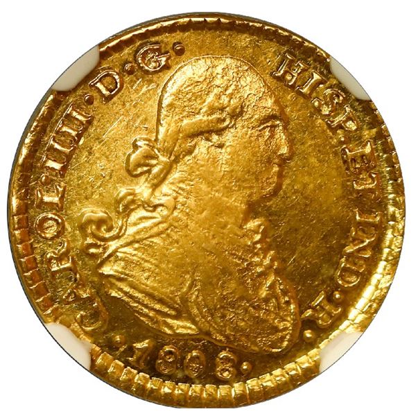 Mexico City, Mexico, gold bust 1 escudo, Charles IV, 1808 TH, NGC MS 61.