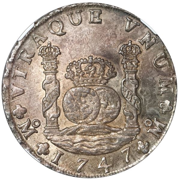 Mexico City, Mexico, pillar 8 reales, Philip V (posthumous), 1747 MF, NGC MS 62.