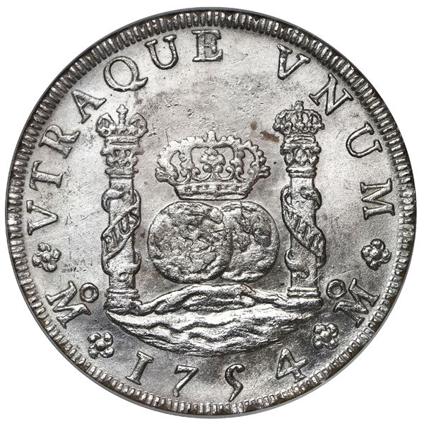 Mexico City, Mexico, pillar 8 reales, Ferdinand VI, 1754 MM/MF, dissimilar crowns, NGC MS 61.