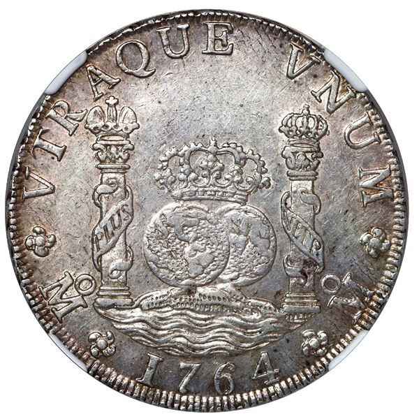 Mexico City, Mexico, pillar 8 reales, Charles III, 1764 MF, NGC AU 58.