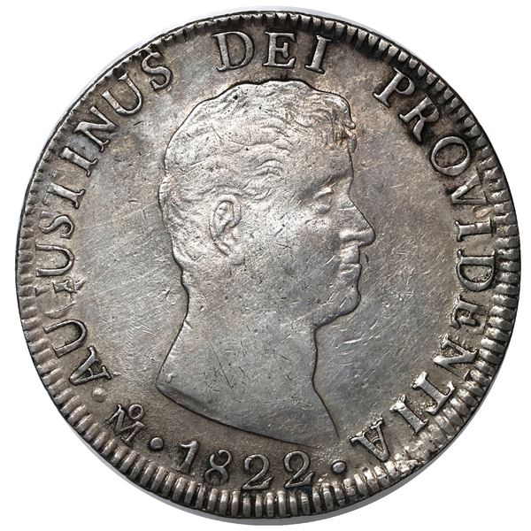 Mexico City, Mexico, 8 reales, Iturbide, 1822 JM, long, smooth truncation, 8 R J M below eagle.