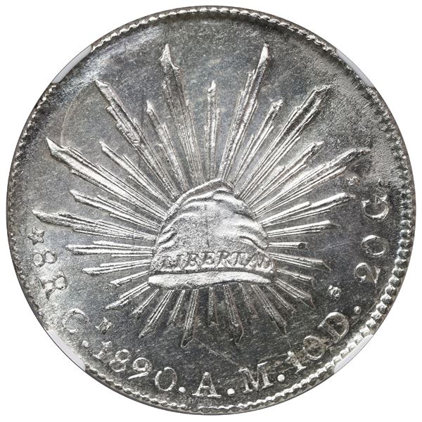 Culiacan, Mexico, cap-and-rays 8 reales, 1890 AM, NGC MS 63.