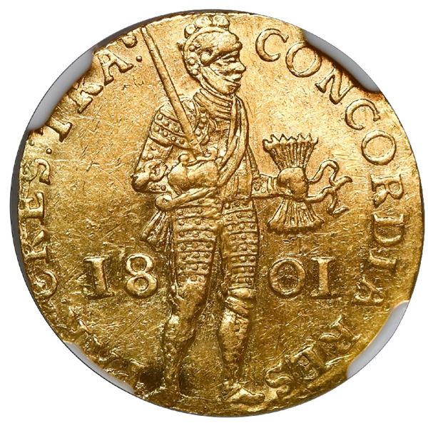 Utrecht, Netherlands (Batavian Republic), gold ducat, 1801, NGC AU details / surface hairlines.