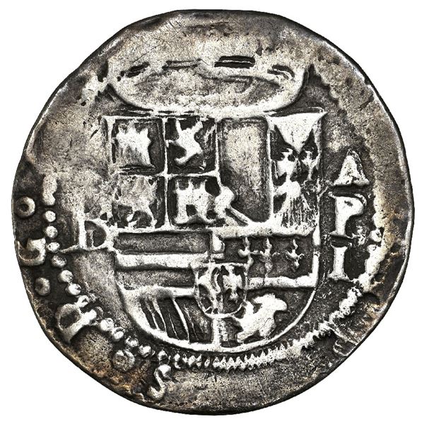 Panama, cob 1 real, Philip II, assayer oB to left, mintmark AP above denomination I to right, no Ara