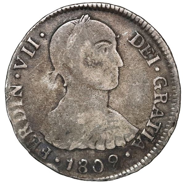 Lima, Peru, bust 2 reales, Ferdinand VII transitional ("imaginary" bust), 1809 JP, very rare.