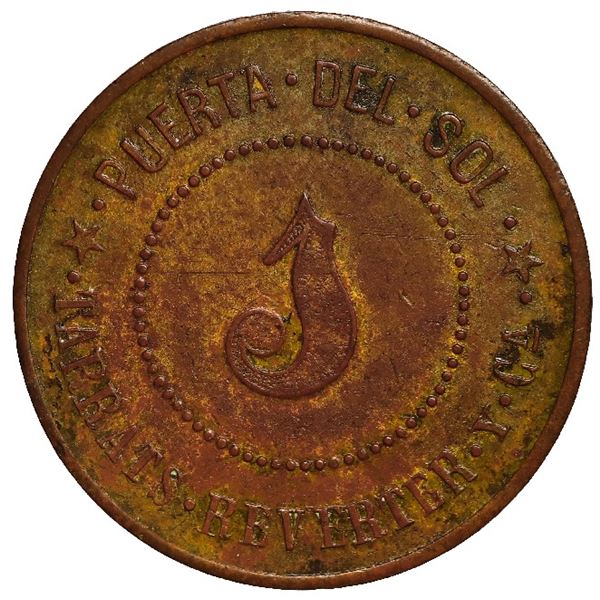 Ponce, Puerto Rico, brass 1 almud (?) token, Puerta del Sol, late 1800s, rare, ex-Roehrs.
