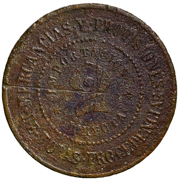 San German, Puerto Rico, brass 2 almudes (?) token, Las Puertas de Hierro, late 1800s to early 1900s