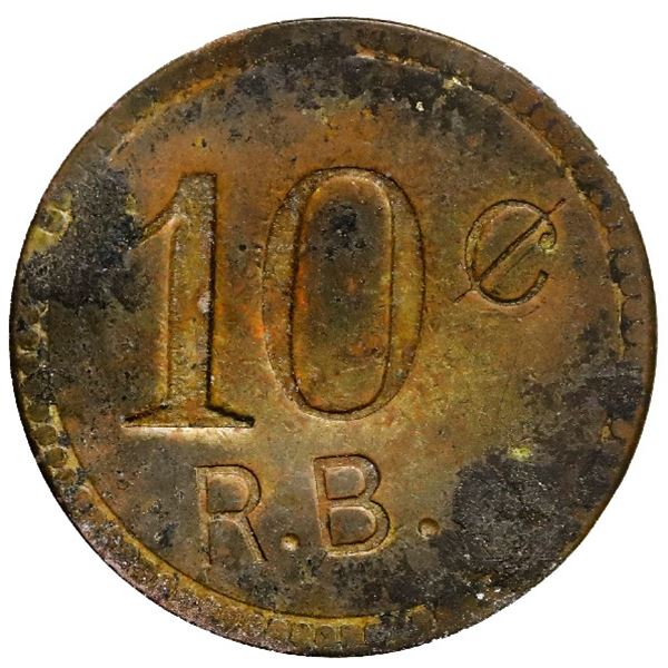 San Juan, Puerto Rico, brass uniface 10 centavos token, R.B. (Rafael Bonit), late 1800s to early 190