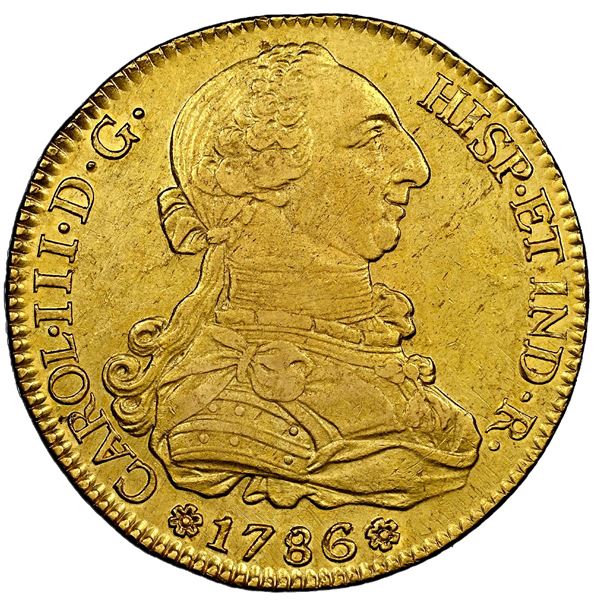 Seville, Spain, gold bust 8 escudos, Charles III, 1786 C, NGC AU details / rev cleaned.