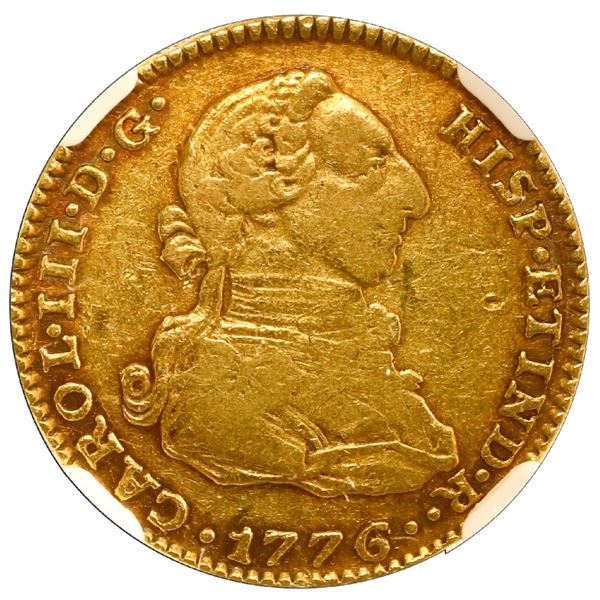 Madrid, Spain, gold bust 2 escudos, Charles III, 1776/4 PJ, NGC XF 40.