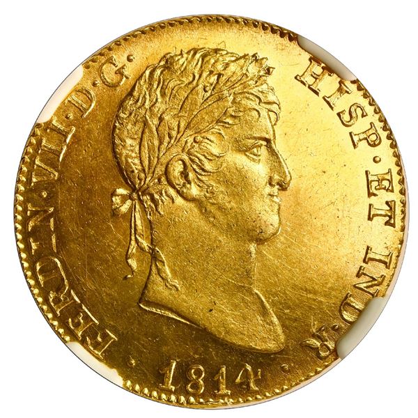 Madrid, Spain, gold bust 4 escudos, Ferdinand VII, 1814 GJ, NGC UNC details / cleaned.