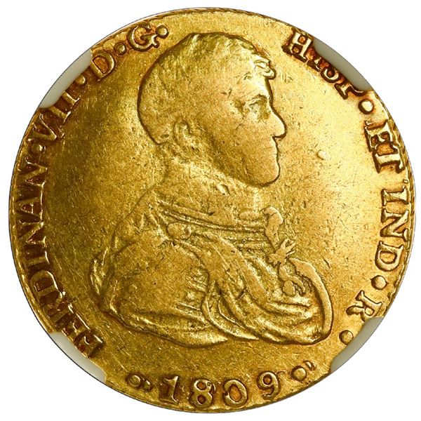 Seville, Spain, gold bust 2 escudos, Ferdinand VII (small "armored" bust), 1809 CN, NGC VF 30.