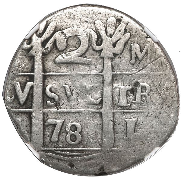 Caracas, Venezuela, "imitation cob" 2 reales, "781" date (early 1800s), quadrants of cross transpose