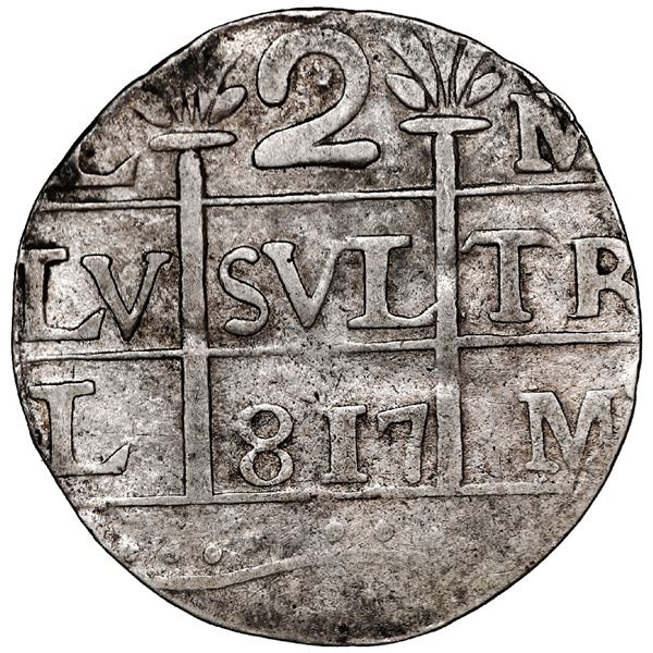 Caracas, Venezuela, "imitation cob" 2 reales, "817" date (1817), quadrants of cross transposed, NGC 