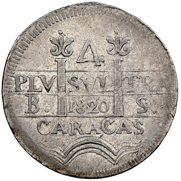 Caracas, Venezuela, 4 reales, Ferdinand VII, 1820 BS, proper quadrants, very rare, NGC AU details /