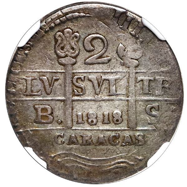 Caracas, Venezuela, 2 reales, "1818" date (1R-sized digits, struck 1830) BS, florettes flanking cros