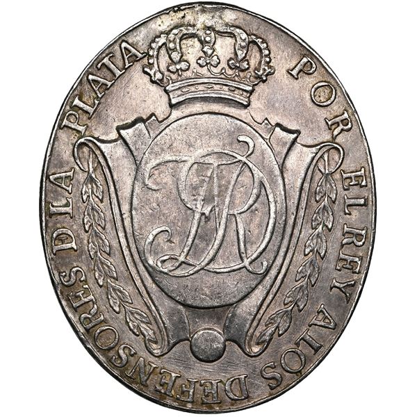 Potosi, Bolivia, oval silver medal, Ferdinand VII, 1817, to the defenders of La Plata, rare.