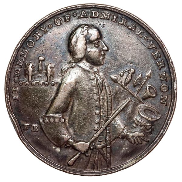 Great Britain, medium-sized silver Admiral Vernon medal, 1739, Vernon and fort and trophies / Porto 