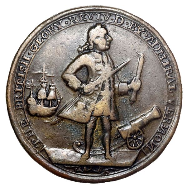 Great Britain, copper alloy Admiral Vernon medal, 1739, Vernon and ship and cannon / Porto Bello, ve