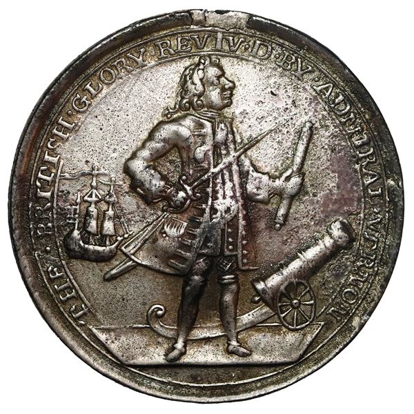 Great Britain, silver-plated copper alloy Admiral Vernon medal, 1739, Vernon and cannon and ship / P