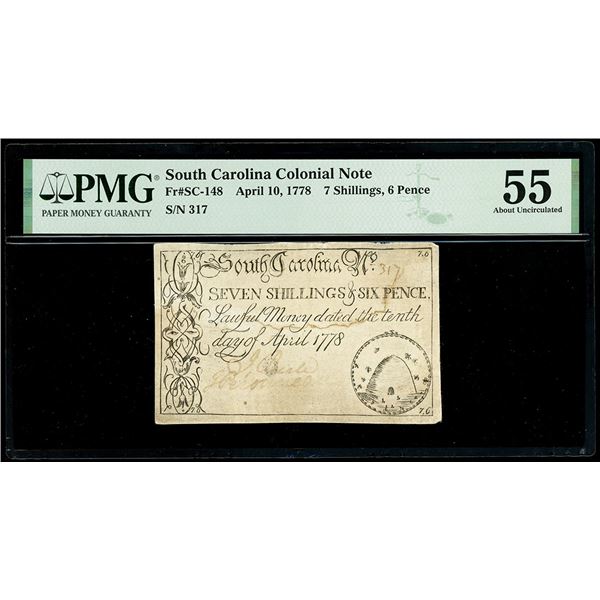 South Carolina, 7 shillings 6 pence, April 10, 1778, serial 317, PMG AU 55, finest known in PMG cens