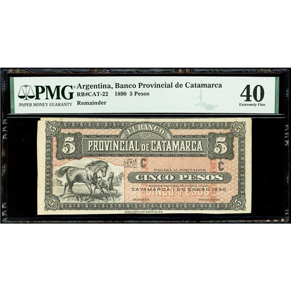 Catamarca, Argentina, Banco Provincial de Catamarca, 5 pesos remainder, 1890, series C, PMG XF 40, r