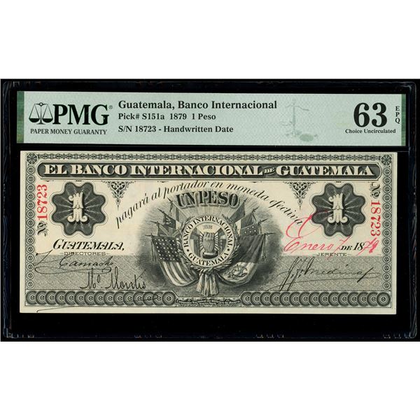 Guatemala, Banco Internacional, 1 peso, 1-1-1879, serial 18723, PMG Choice UNC 63 EPQ, finest known