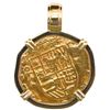 Image 2 : Toledo, Spain, gold cob 2 escudos, 1597 C, rare, mounted cross-side out in 18K gold bezel with diamo