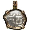 Image 1 : Potosi, Bolivia, cob 4 reales, 1752 q, mounted cross-side out in 14K gold bezel with fixed bail.