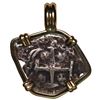 Image 1 : Potosi, Bolivia, cob 1 real, 1749 q, mounted in 14K gold bezel with fixed bail.