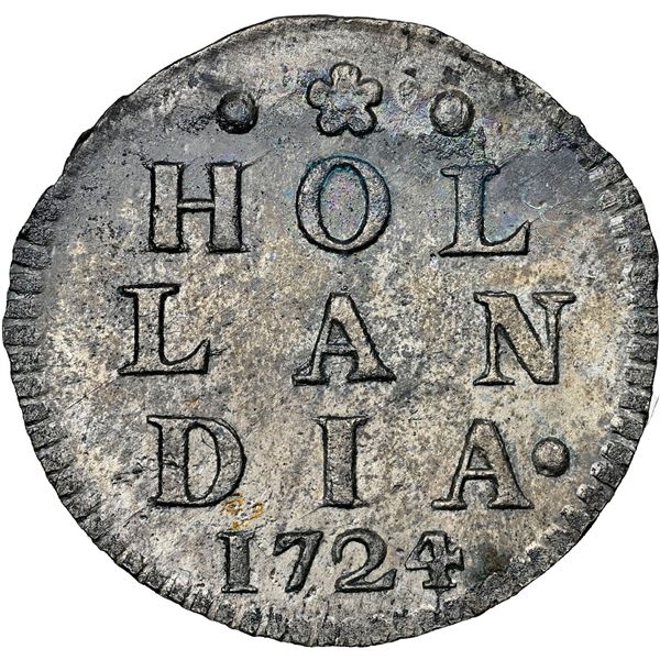 Holland, United Netherlands, 2 stuivers, 1724, NGC UNC details / saltwater damage / Akerendam (Shipw