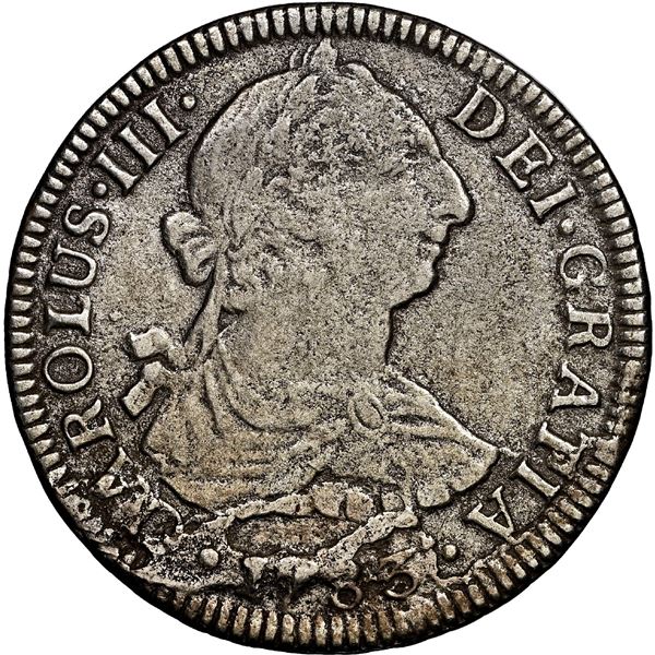 Mexico City, Mexico, bust 2 reales, Charles III, 1783 FF, NGC XF details / saltwater damage / El Caz