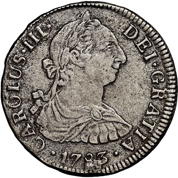 Mexico City, Mexico, bust 2 reales, Charles III, 1783 FF, NGC XF details / saltwater damage / El Caz