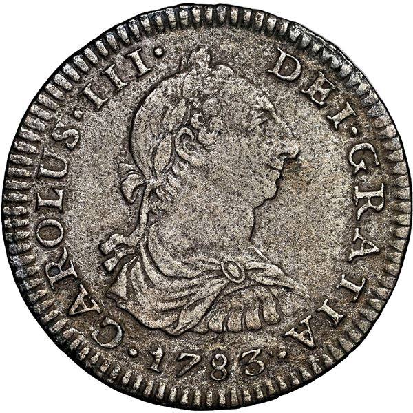 Mexico City, Mexico, bust 1 real, Charles III, 1783 FF, NGC AU details / saltwater damage / El Cazad